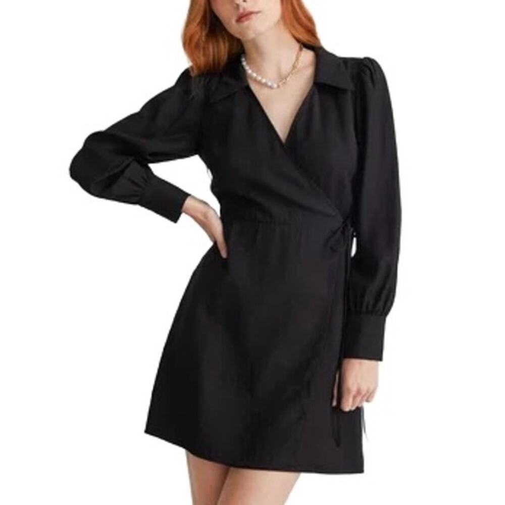 Women's & Other Stories Black Long Sleeve V Neck Collared Wrap Mini Dress